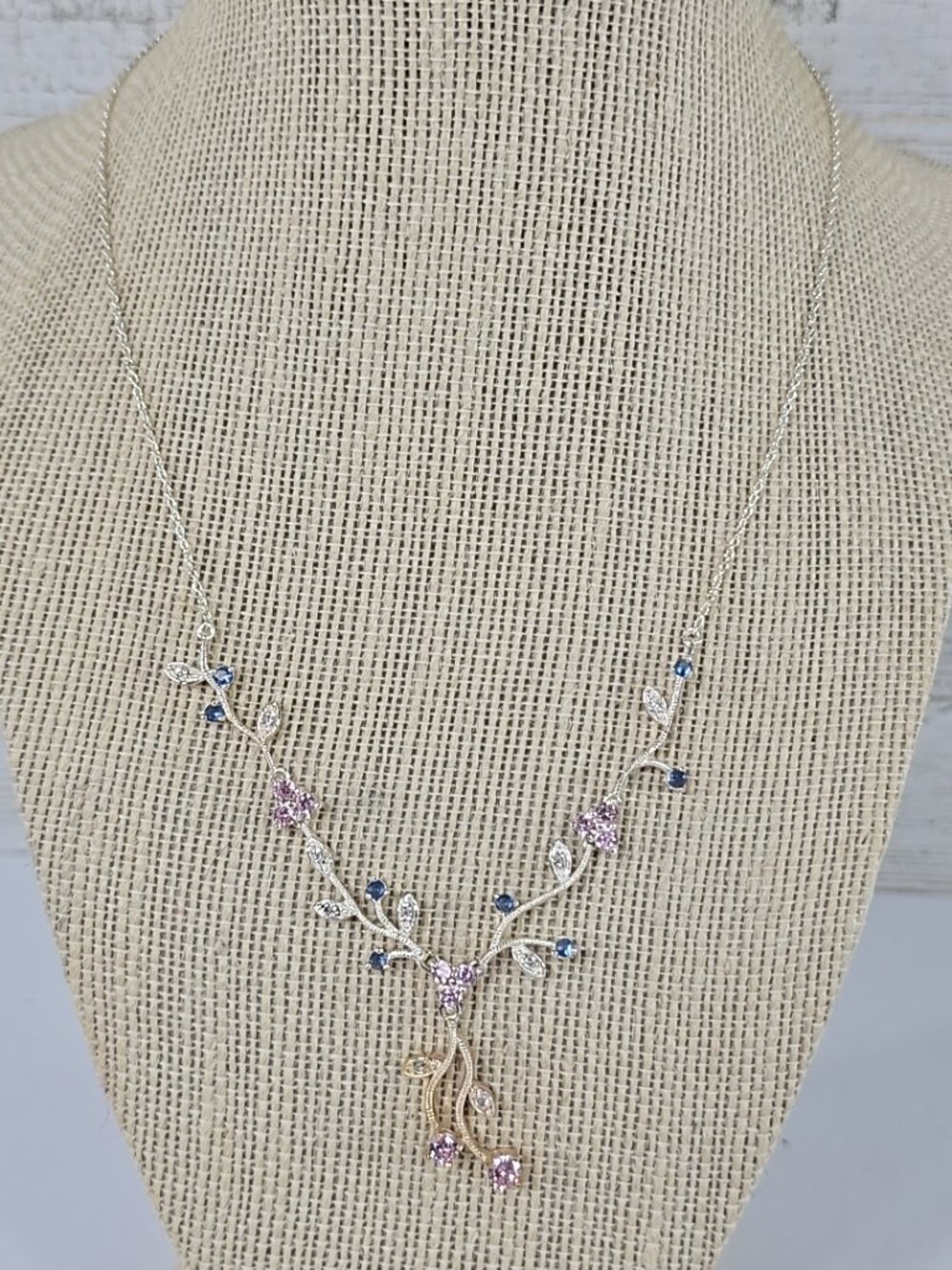 925 Sterling Silver CZ Flower Y‑Drop Necklace Blue Pink Pendant 18 in 8g 0.3oz..